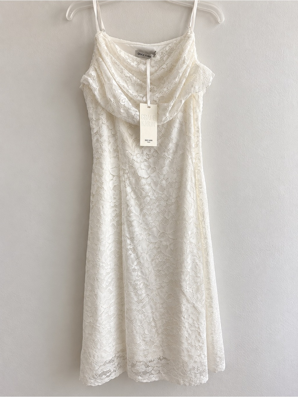 Grace Karin Ivory Lace Midi Slip Dress with Cowl Neck